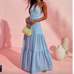 Vici - WHISKED AWAY SMOCKED HALTER POCKETED TIERED MAXI DRESS - LIGHT BLUE